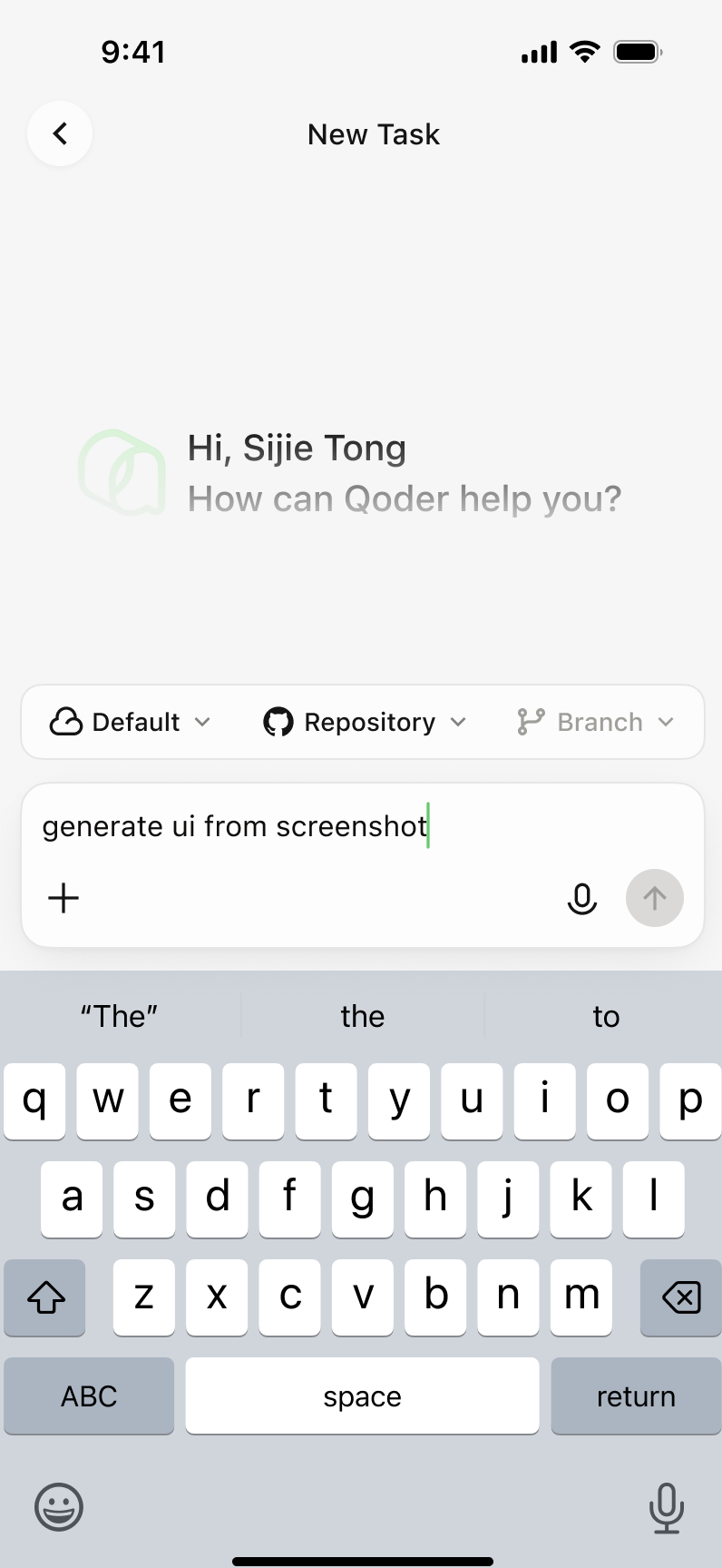 New Task screen on the mobile app with environment, repository, and branch selected
