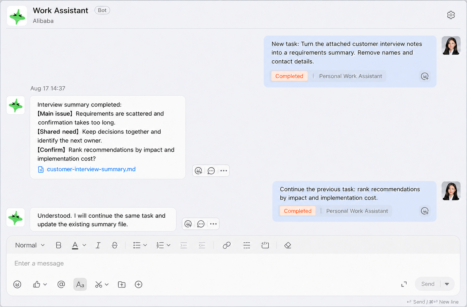 Start work, receive a file, and continue revisions in an IM direct chat