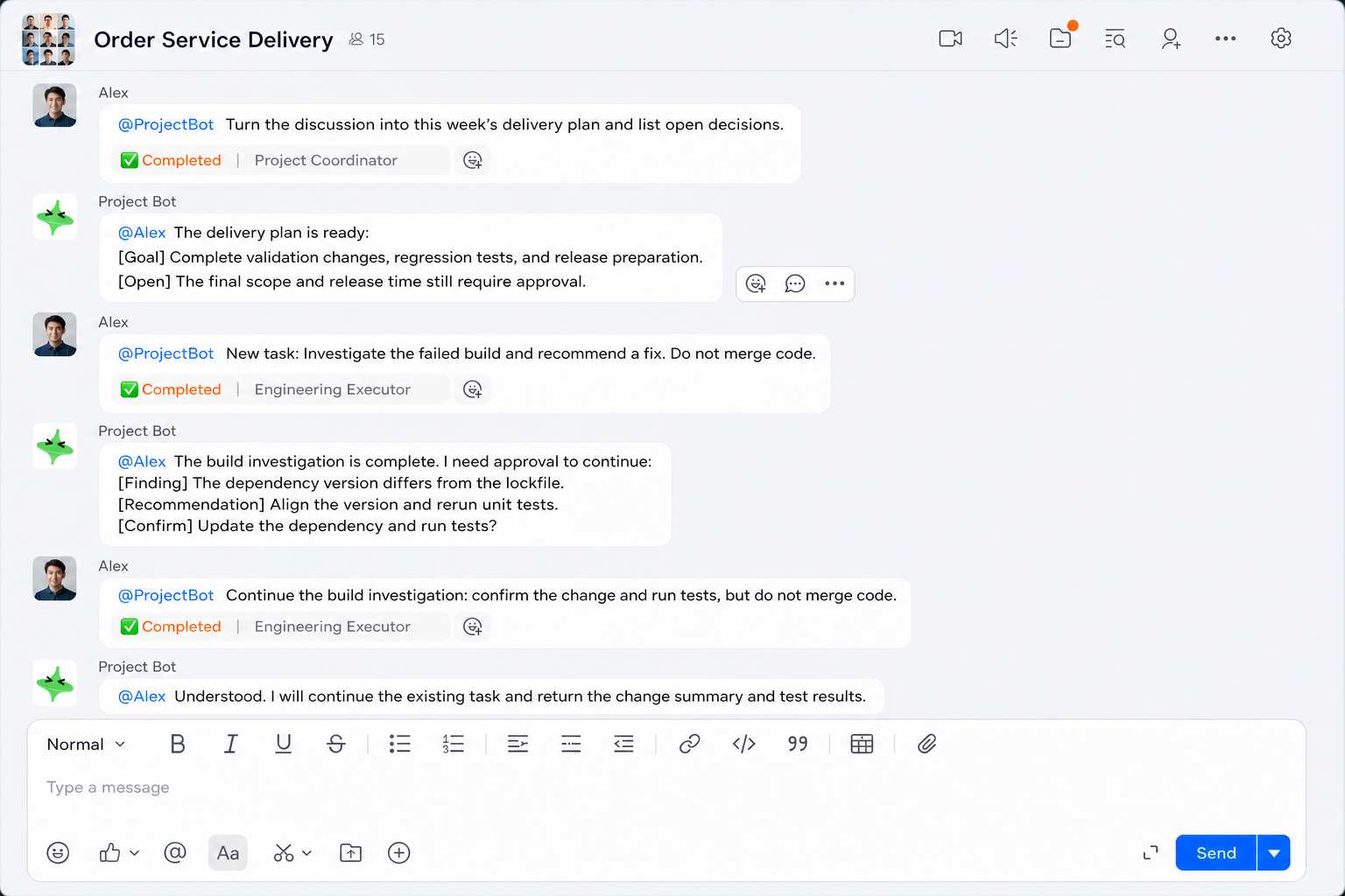One project bot routes and advances different tasks in an engineering group