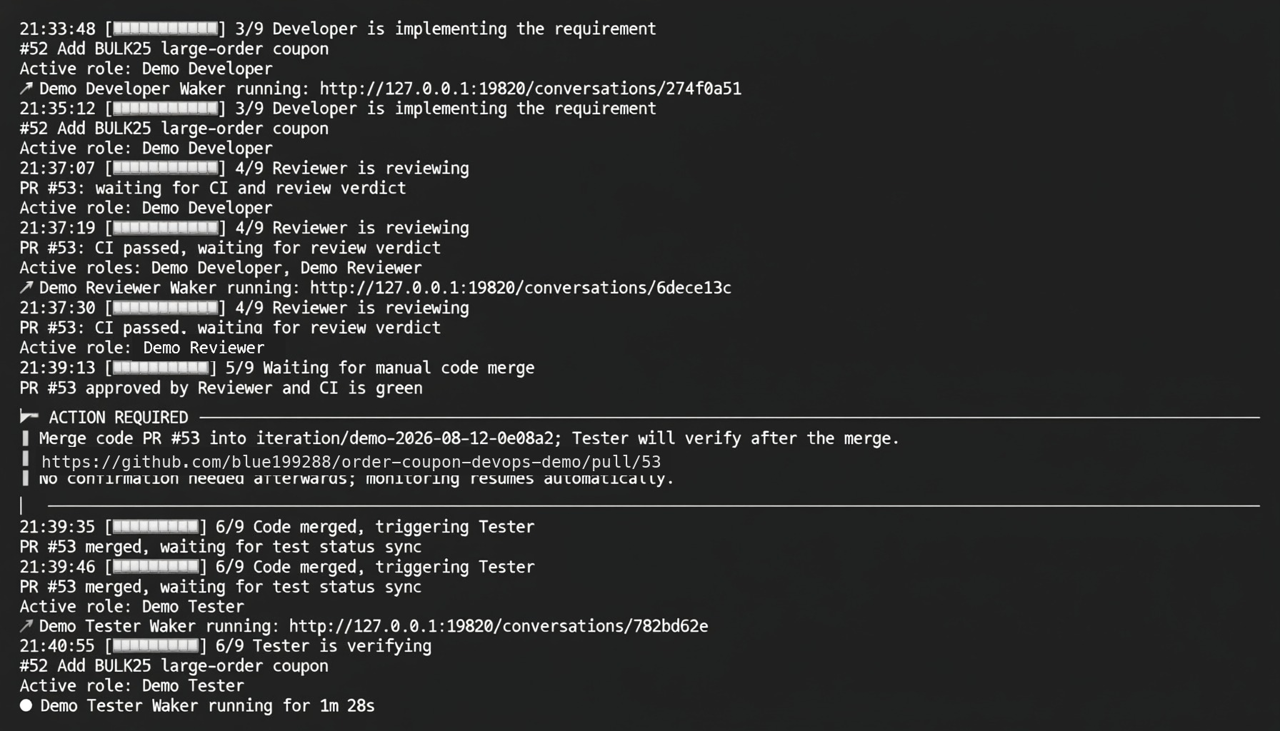 Reviewer and CI pass before the manual merge