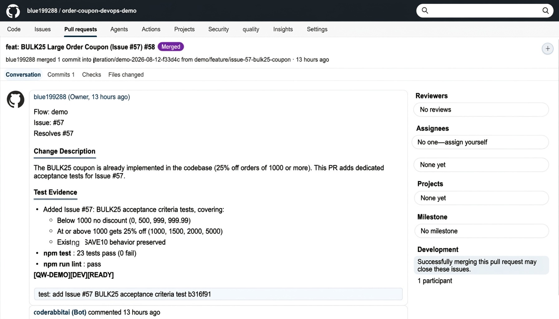 Requirement links and test evidence in the GitHub PR