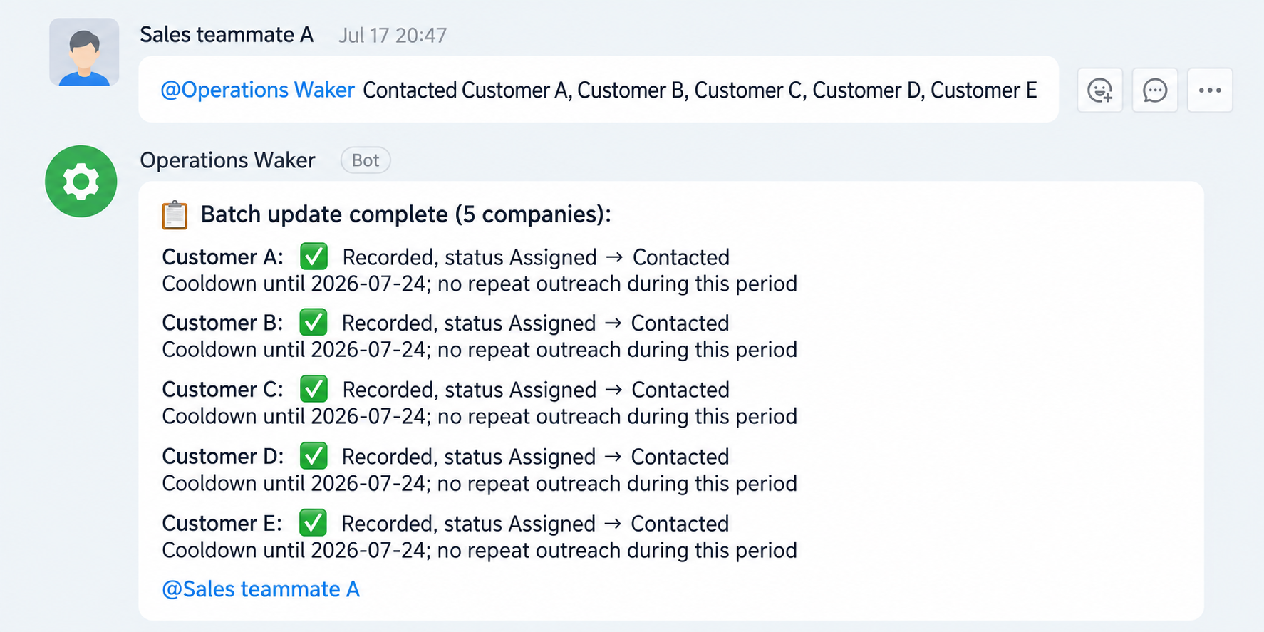 BD reports contacting five companies; the Operations Waker updates their statuses and records a cooldown period
