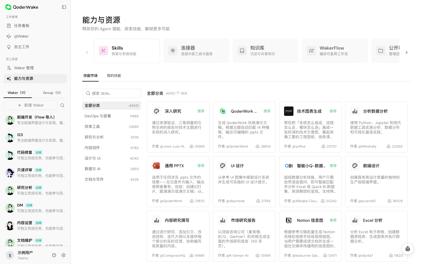 从能力与资源页统一管理 Skills、连接器、知识库、WakerFlow 和公开项目