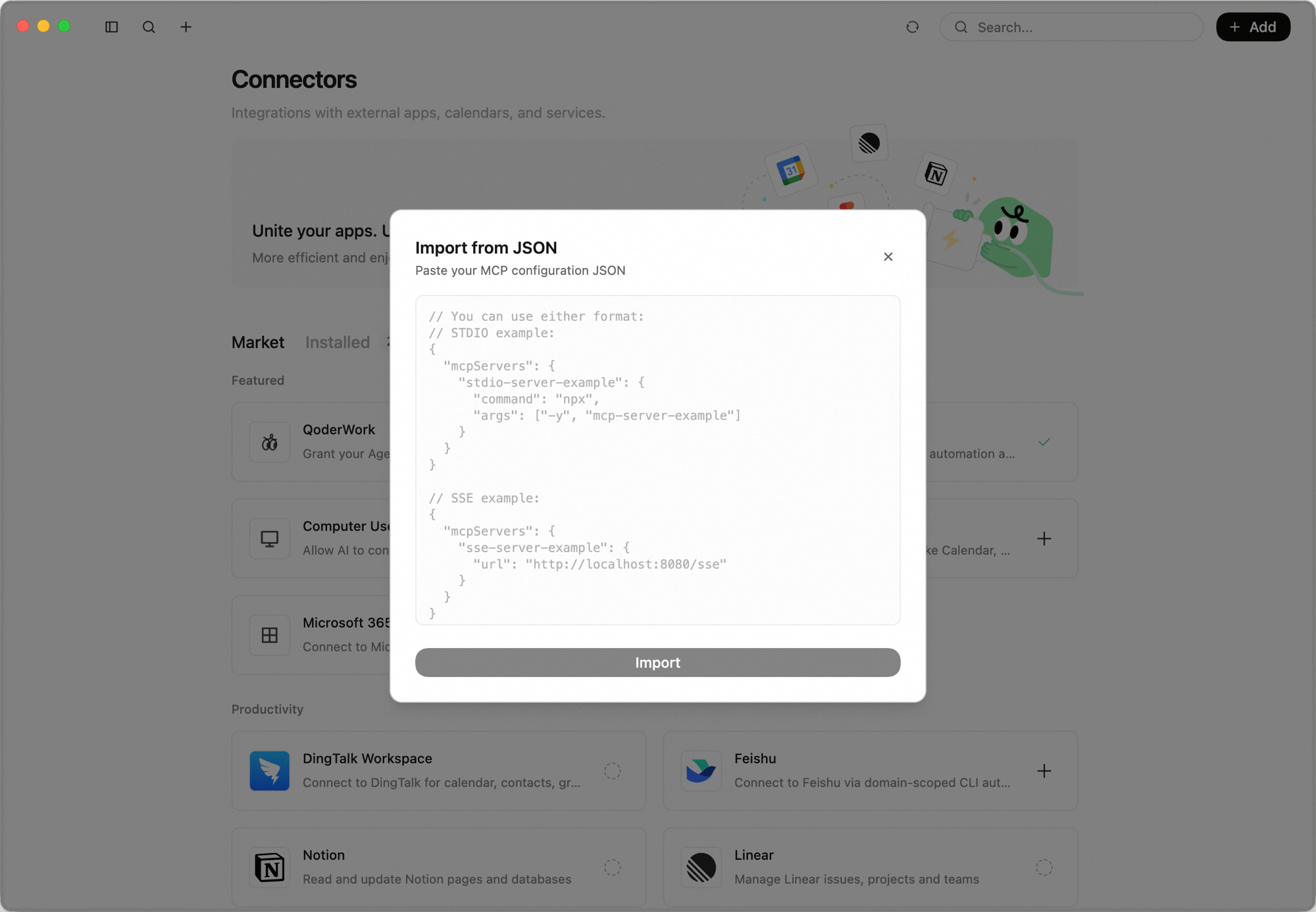 Import from JSON dialog: paste your MCP configuration JSON text area with STDIO and SSE format examples, with an Import button at the bottom