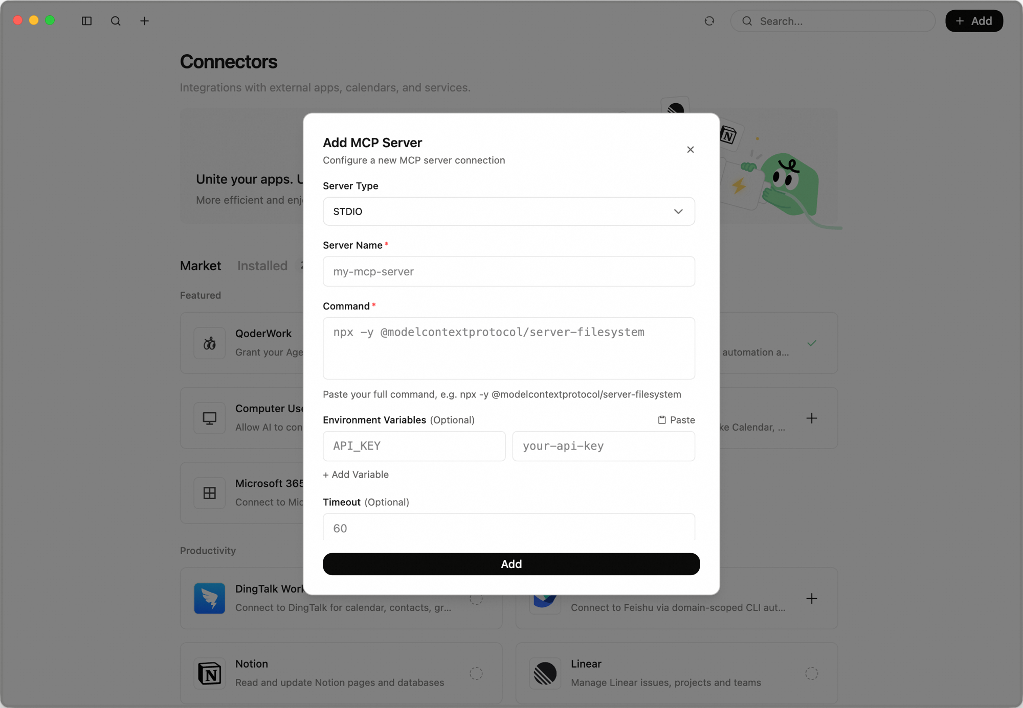 Add MCP Server dialog with Server Type dropdown, Server Name, Command fields, optional Environment Variables and Timeout, and an Add button