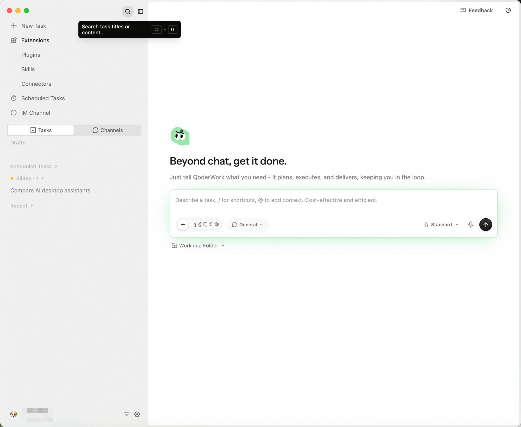 Hover tooltip on the sidebar search icon reading "Search task titles or content…"