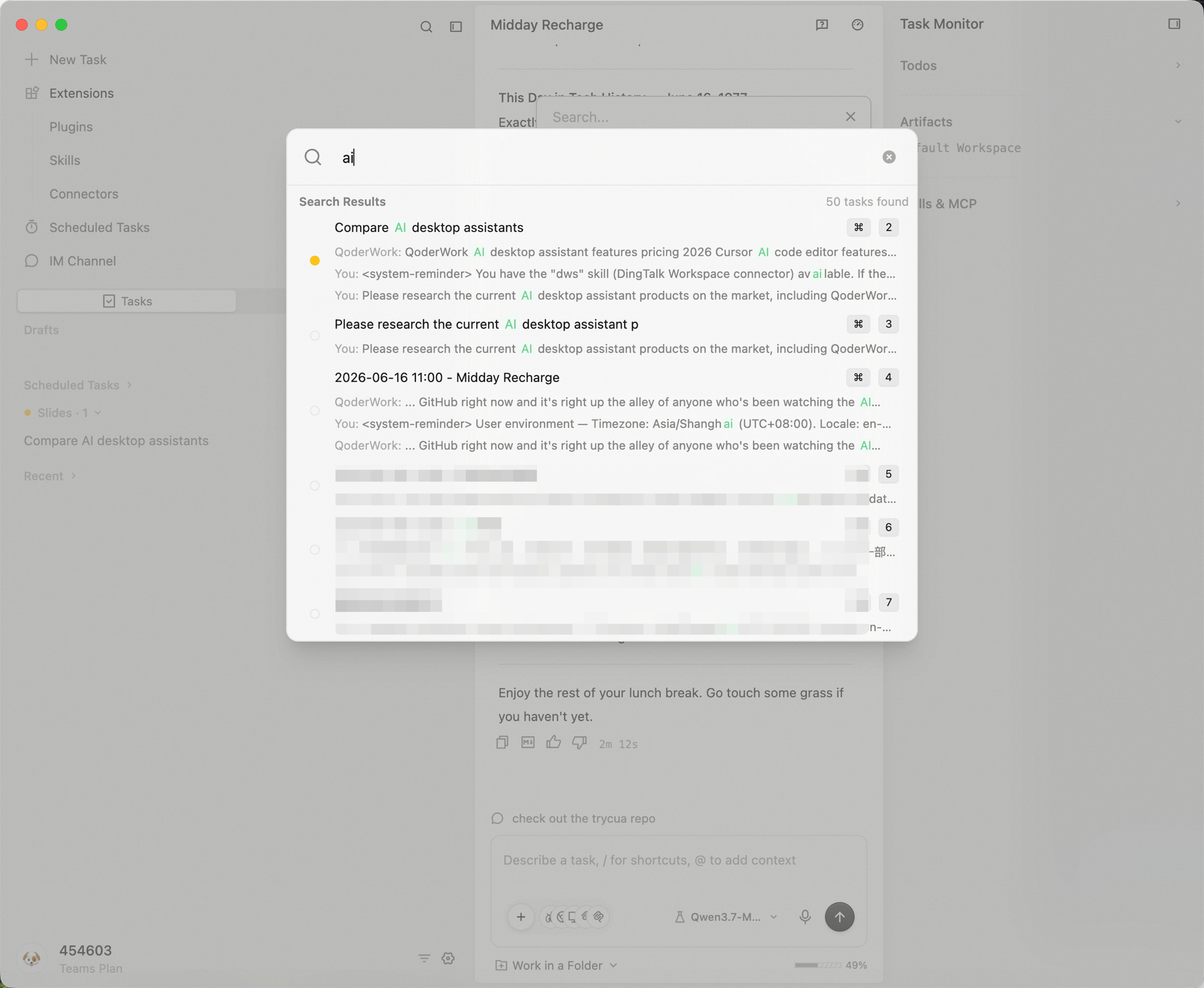Search results panel showing "N tasks found", each result with its title and a snippet, with the search term highlighted in both the title and conversation snippets
