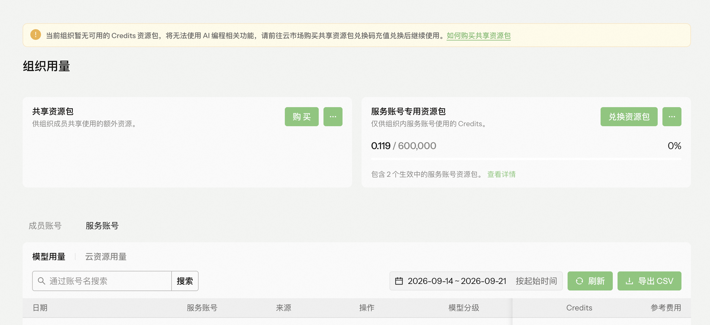 服务账号专用资源包概览与模型用量查询入口
