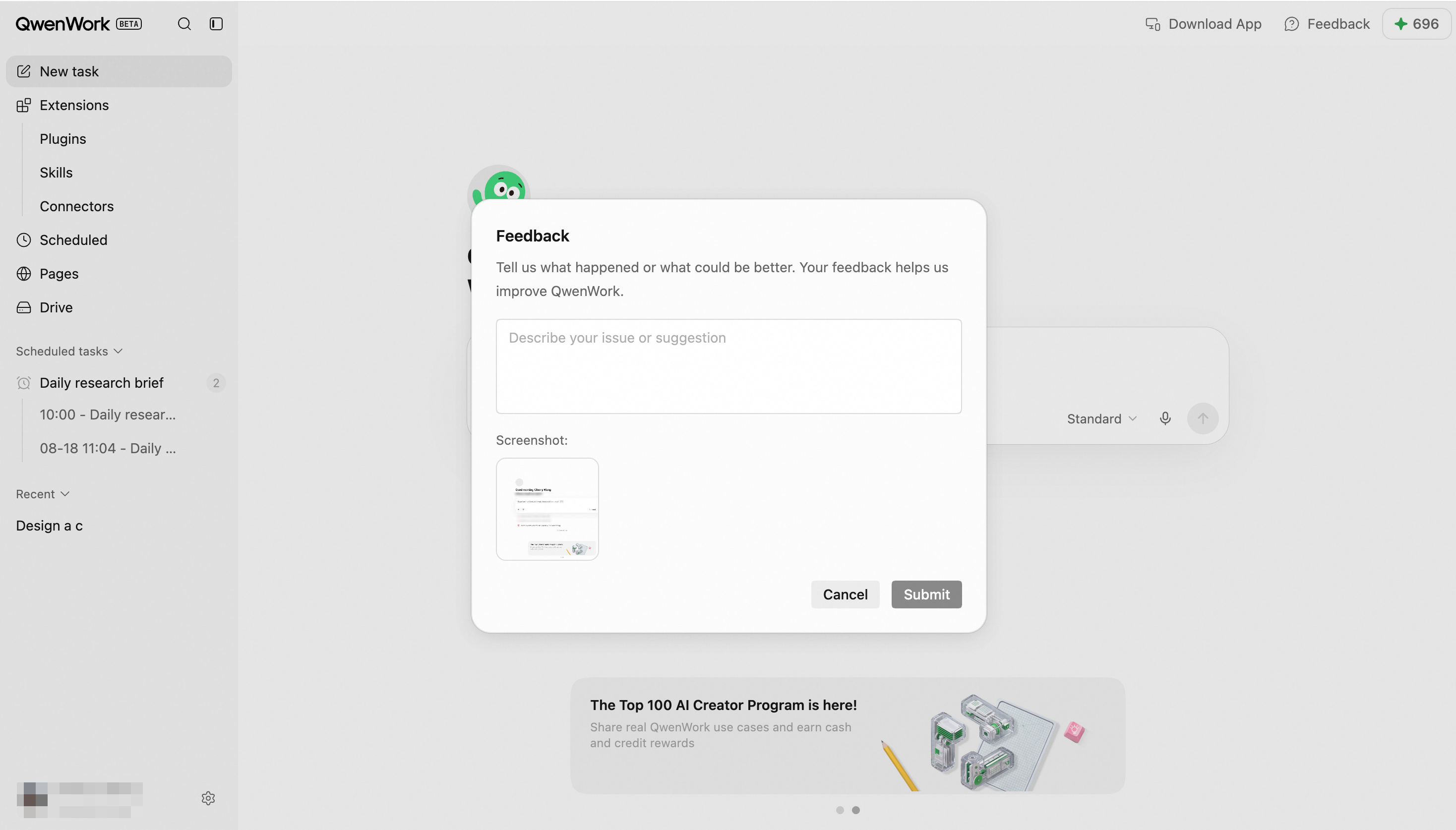 Submit a problem report with a description and screenshot