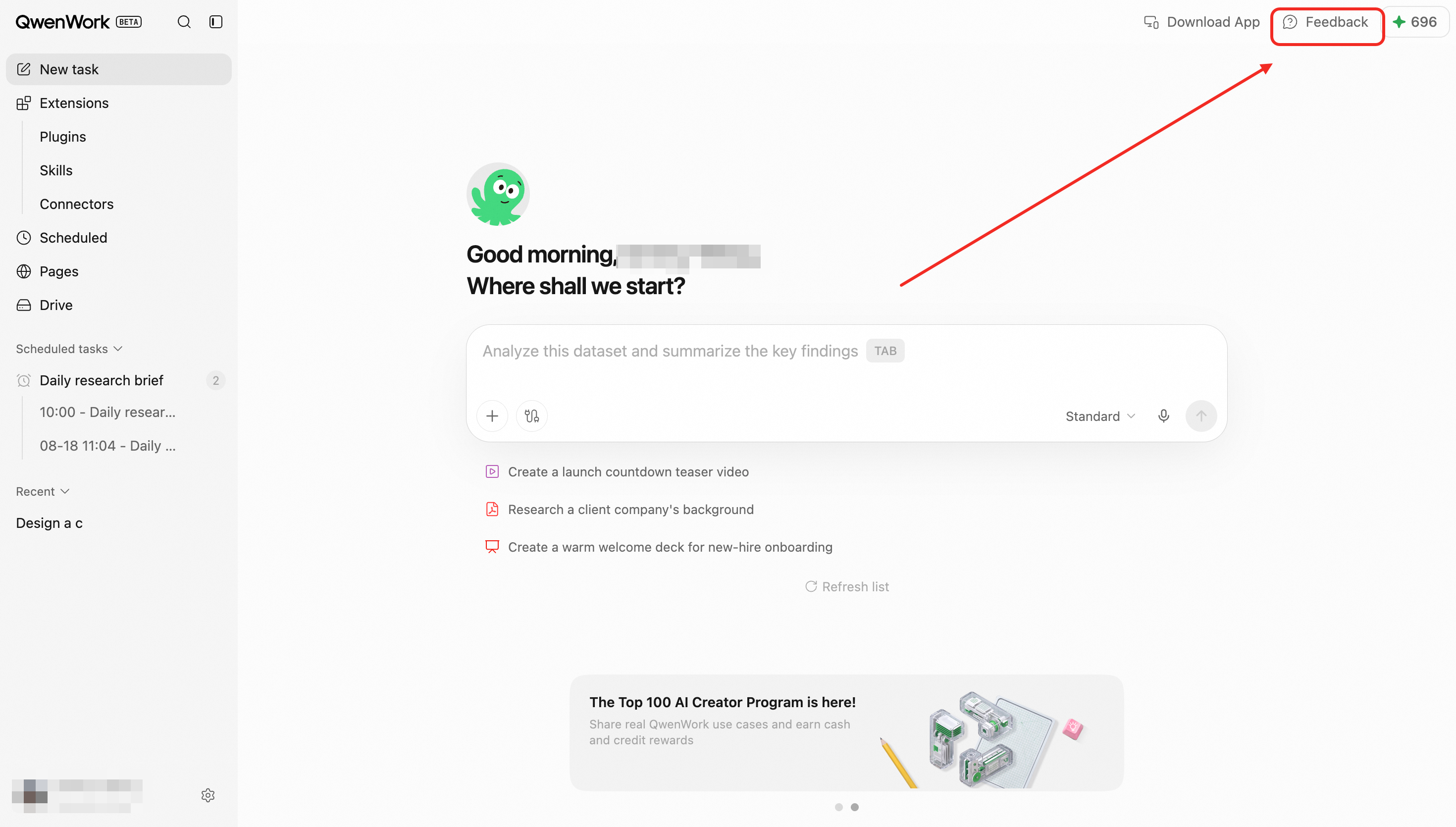 The Feedback button in the top-right corner of QwenWork