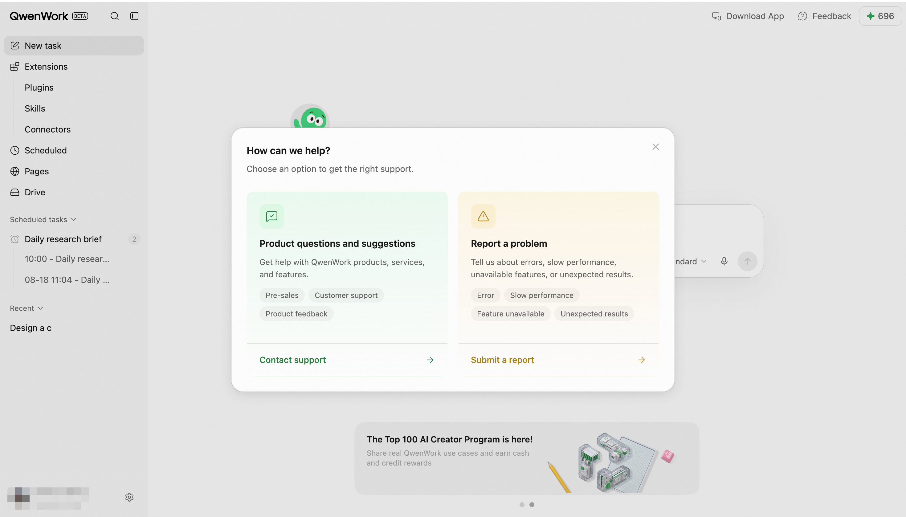 Choose product support or report a problem